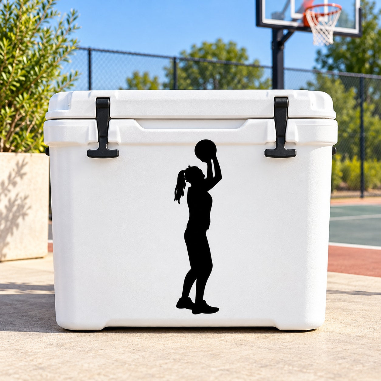 White cooler with black girl basketball player decal silhouette