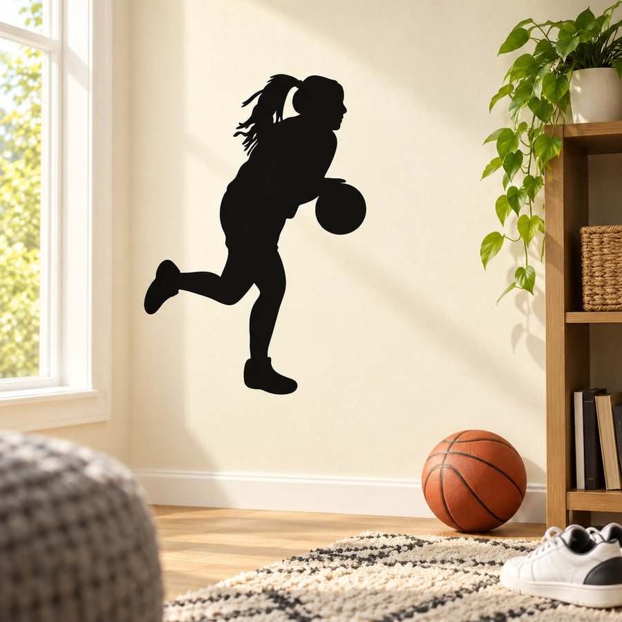 Black running female basketball player wall decal silhouette