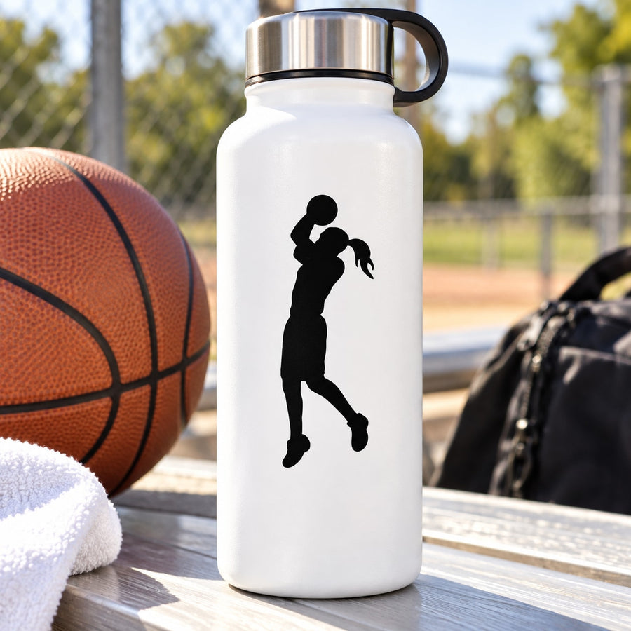 White water bottle with black female basketball player decal