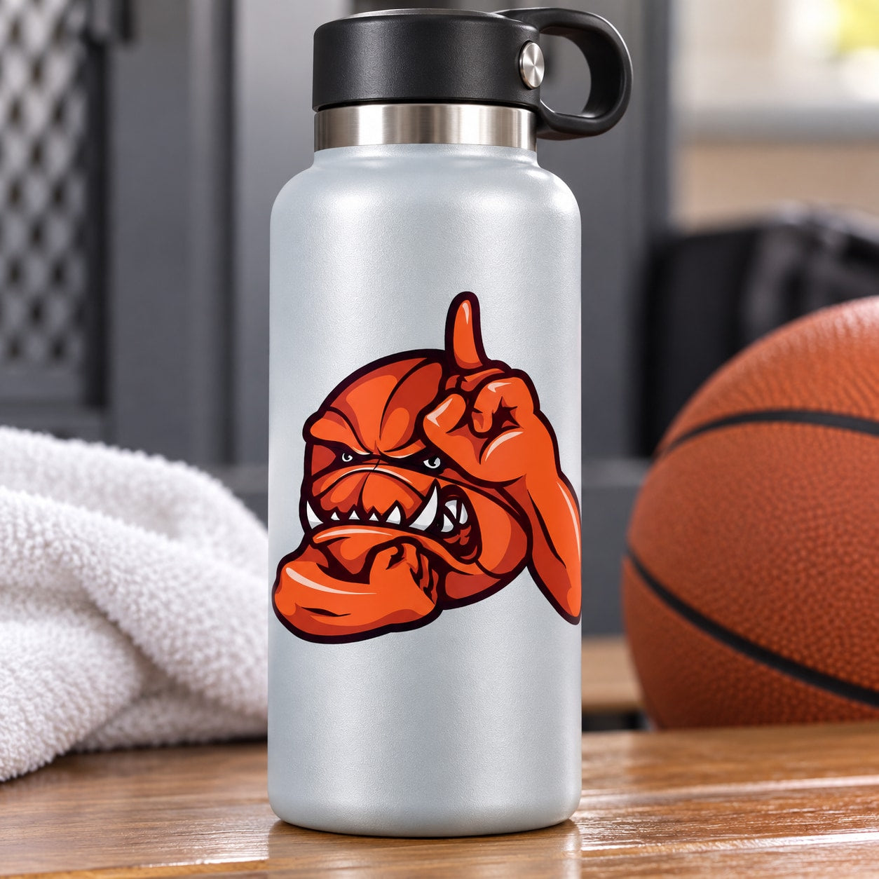 Metal water bottle with orange cartoon graphic decal