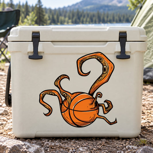 Orange octopus tentacle vinyl sticker decal, bold black outline, on a white cooler