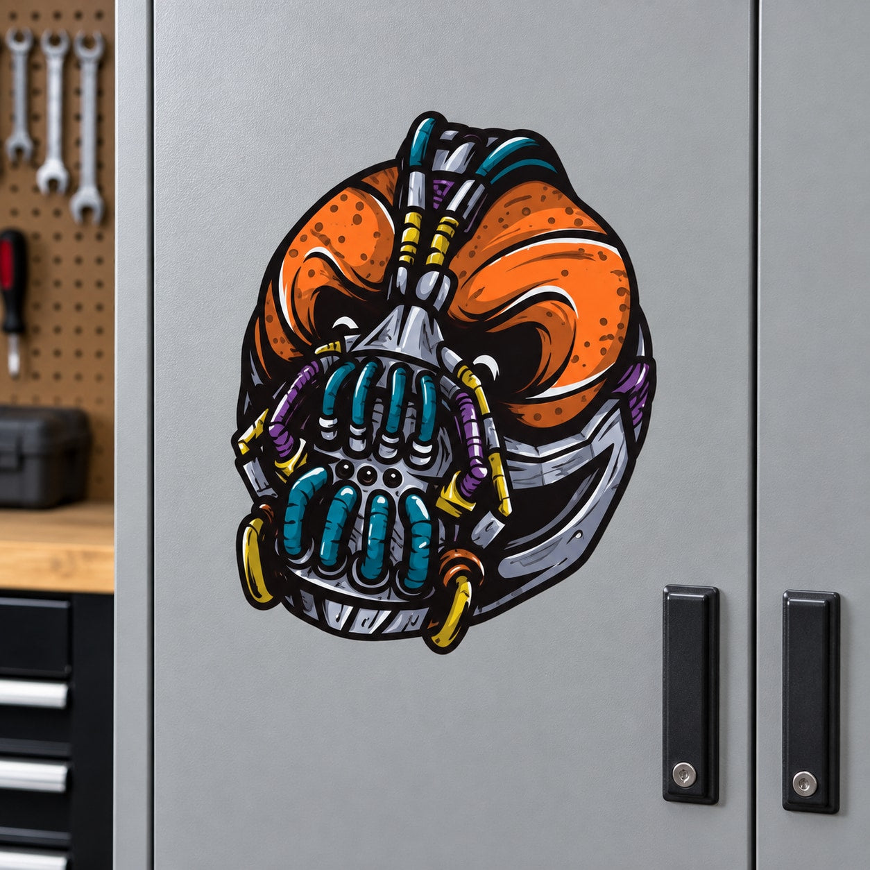 Vinyl wall decal featuring a masked basketball character with colorful hands