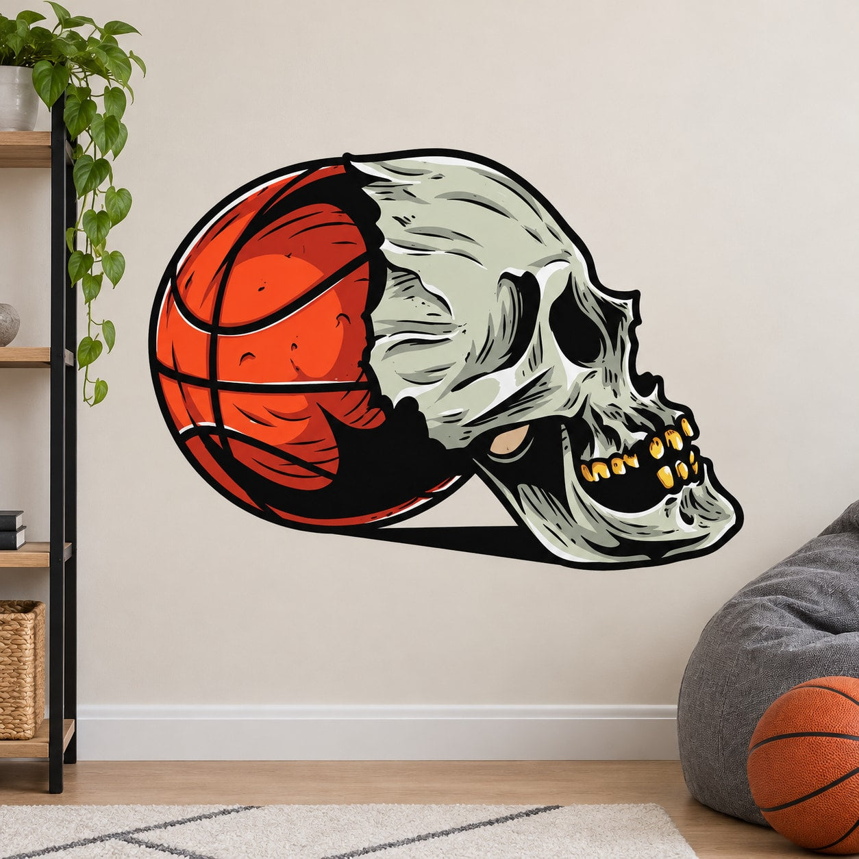 Basketball skull sticker with orange basketball half and gray skull profile