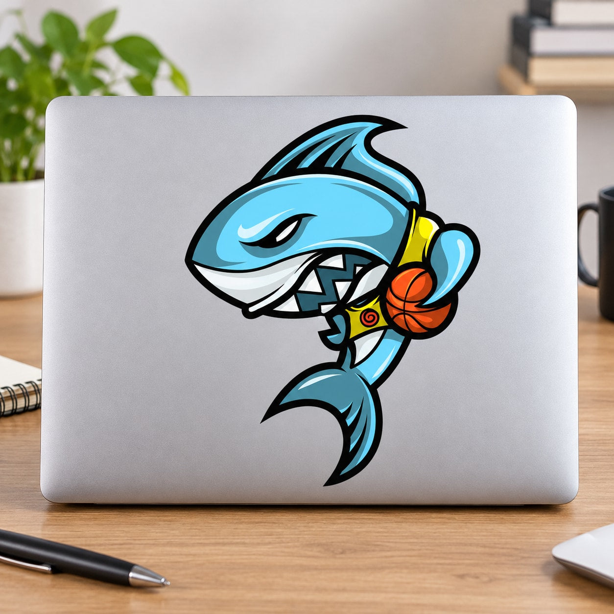 Basketball shark mascot wall decal vinyl sticker, blue shark holding orange basketball