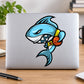 Basketball shark mascot wall decal vinyl sticker, blue shark holding orange basketball
