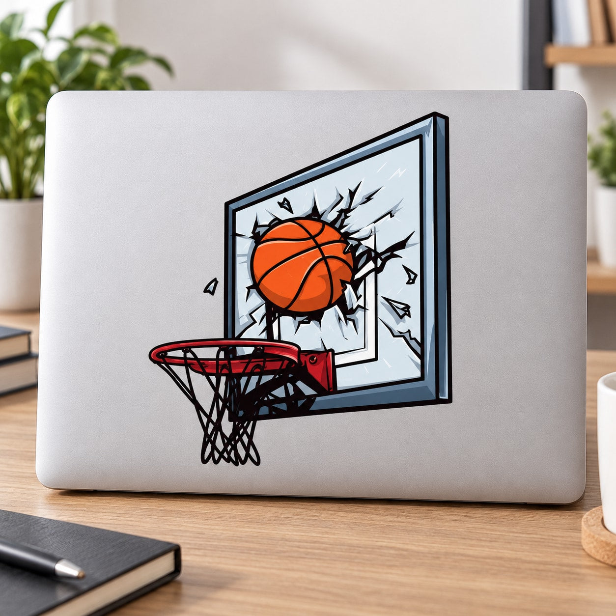 Basketball broken headboard sticker with orange ball, hoop, and cracked glass frame