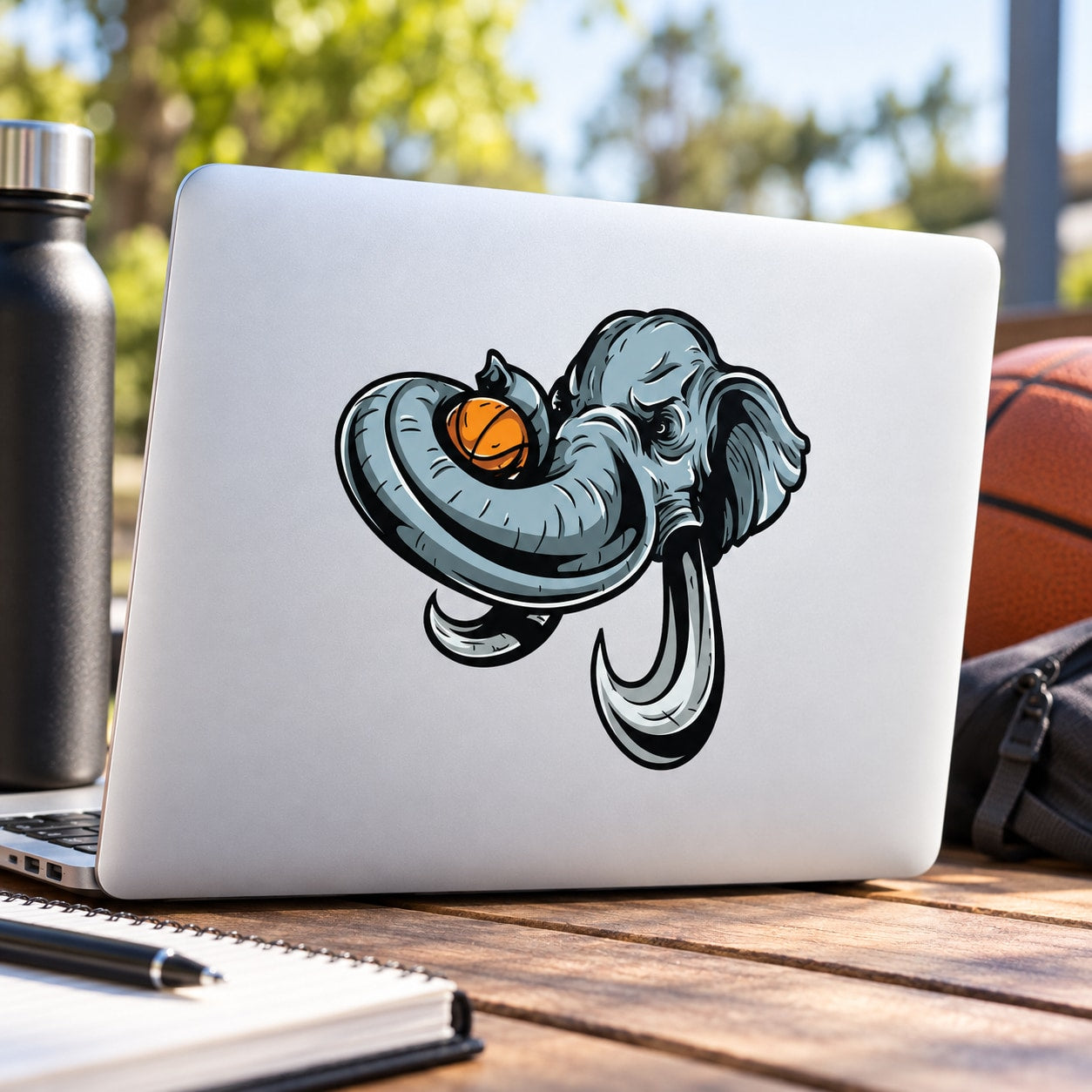 Elephant basketball mascot vinyl decal, blue-gray elephant holding orange basketball