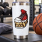 White tumbler with red monster basketball shoe and tooth grin graphic