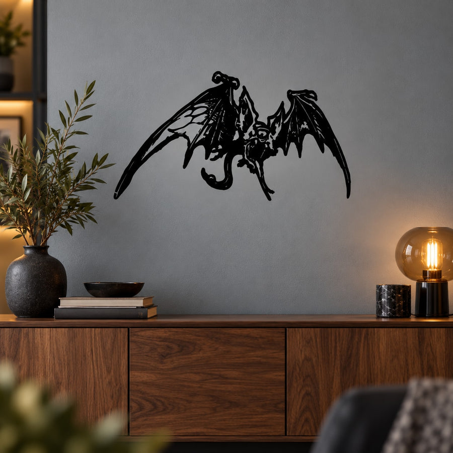 Black bat decal with outstretched wings for horror-style wall art