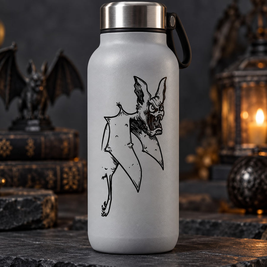 Black bat wing decal sticker on light gray bottle