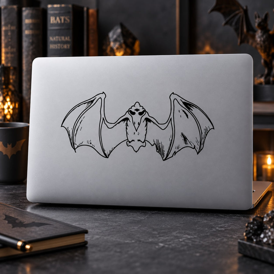 Climbing bat decal with black bat outline, wings spread and hanging head