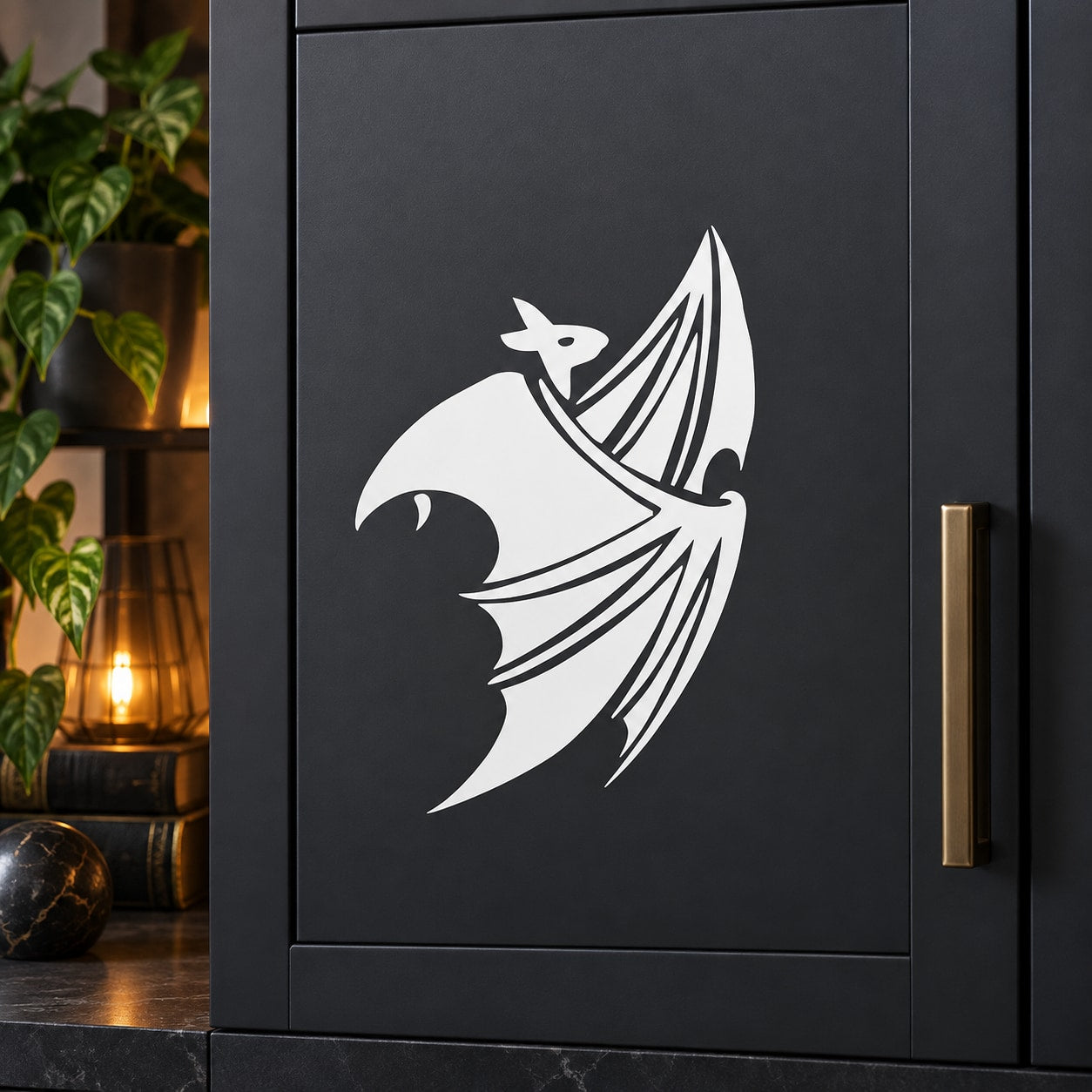 White fleeing bat wall decal with wings spread and curved flight lines