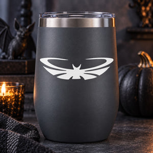 Black tumbler with white abstract curled bat decal on front