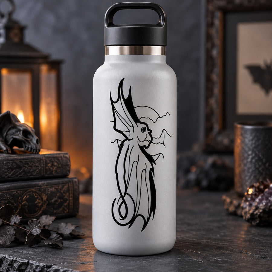 Black gargoyle bat decal on white water bottle with flip-top lid