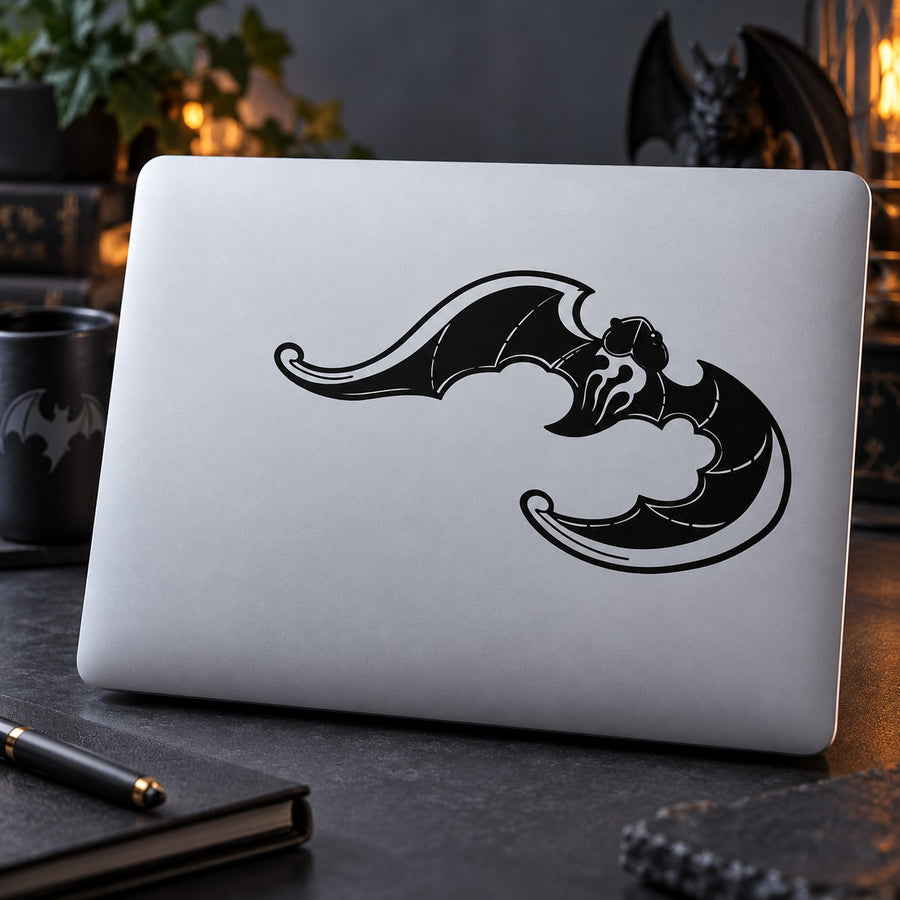 Black bat decal with curved wings on a light background