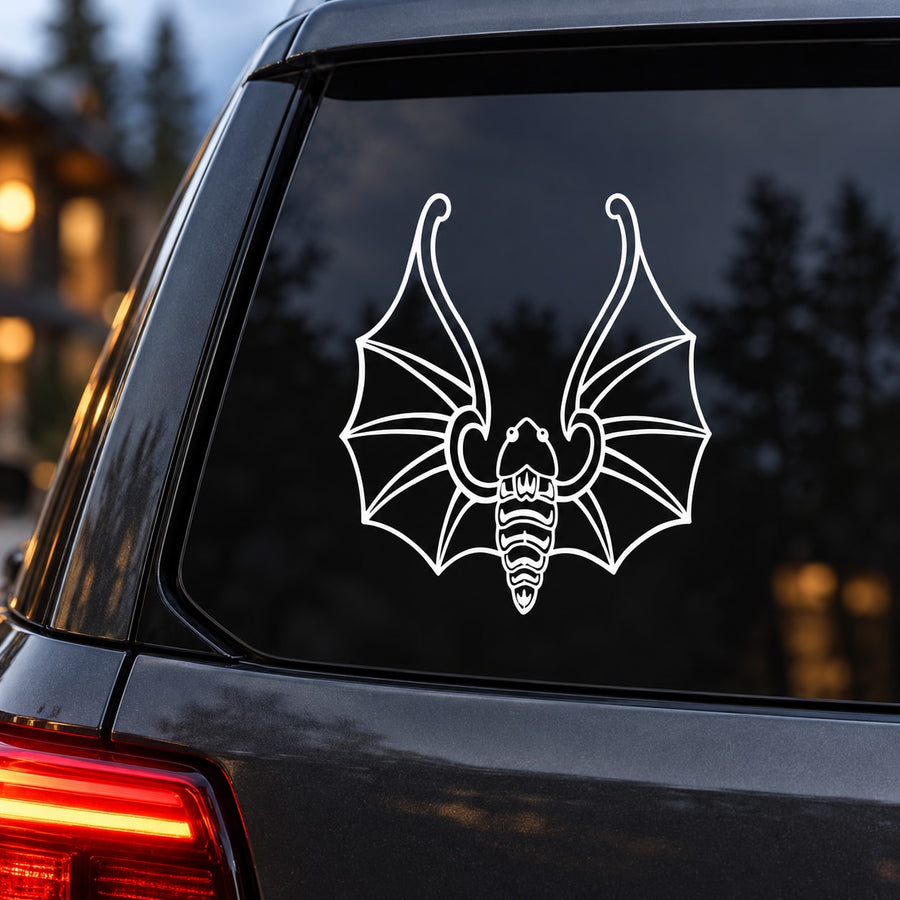 Cult bat decal with white outline bat and skull design
