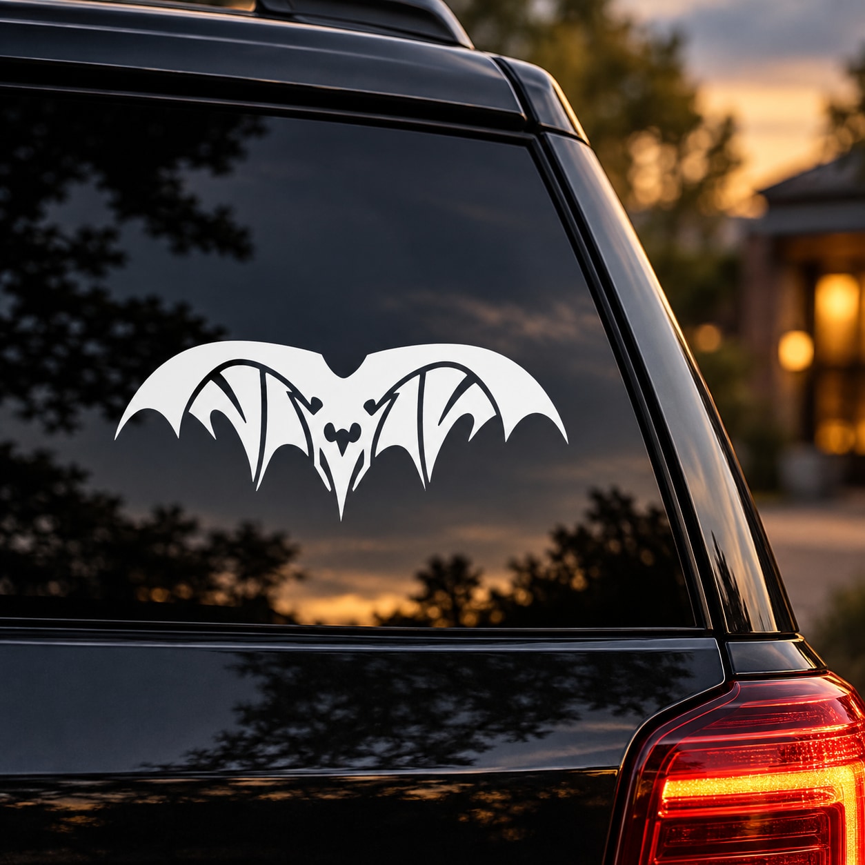 Vampire bat car window decal, white with black wings