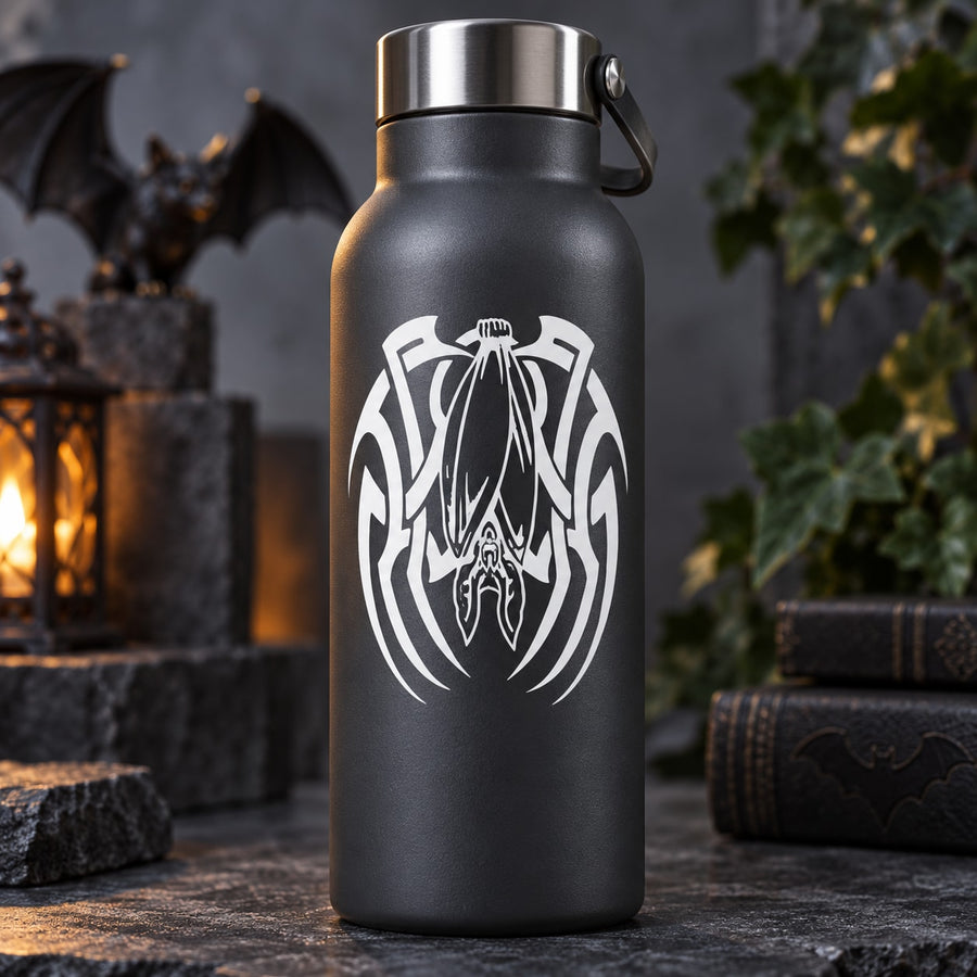 Tribal bat body decal on a black bottle with white graphic