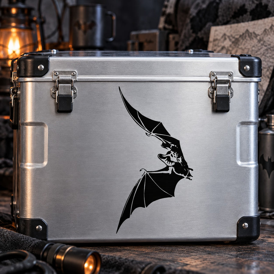 Black bat flying silhouette decal on silver metal box