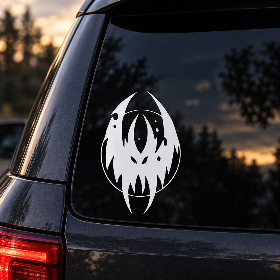 White bat decal with stylized flame design for car window
