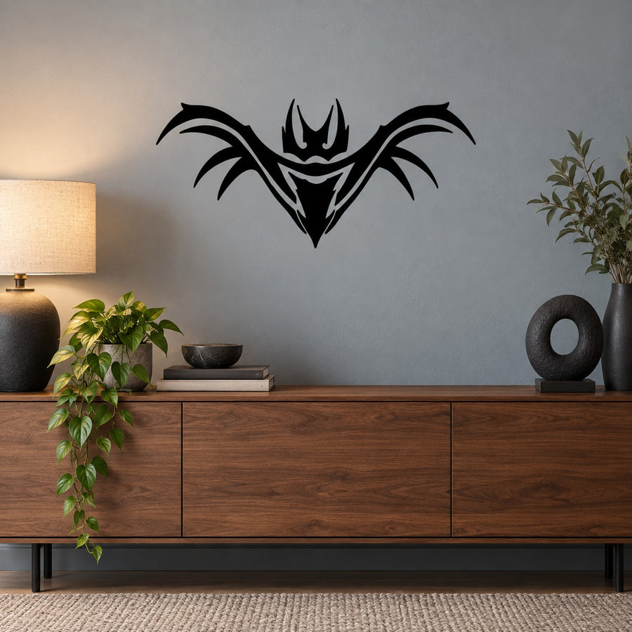 Evil bat wall decal with black bat silhouette and sharp horn accents