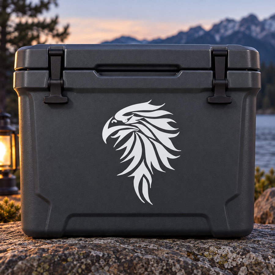 Tribal eagle decal with centered white bird head graphic on dark surface