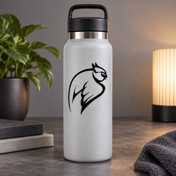 Swooping owl decal on matte silver water bottle, black owl graphic
