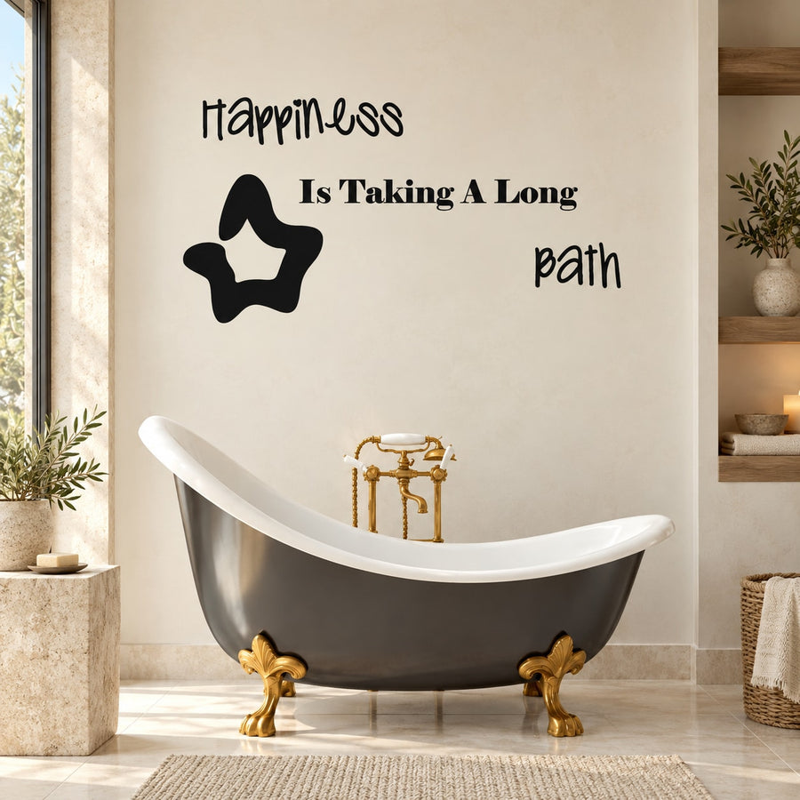 Bathroom wall decal text 'Happiness is taking a long bath' with bathtub icon