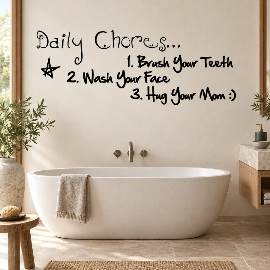 Bathroom wall decal text: 'Daily Chores' with 'Brush your teeth' and 'Wash your face'