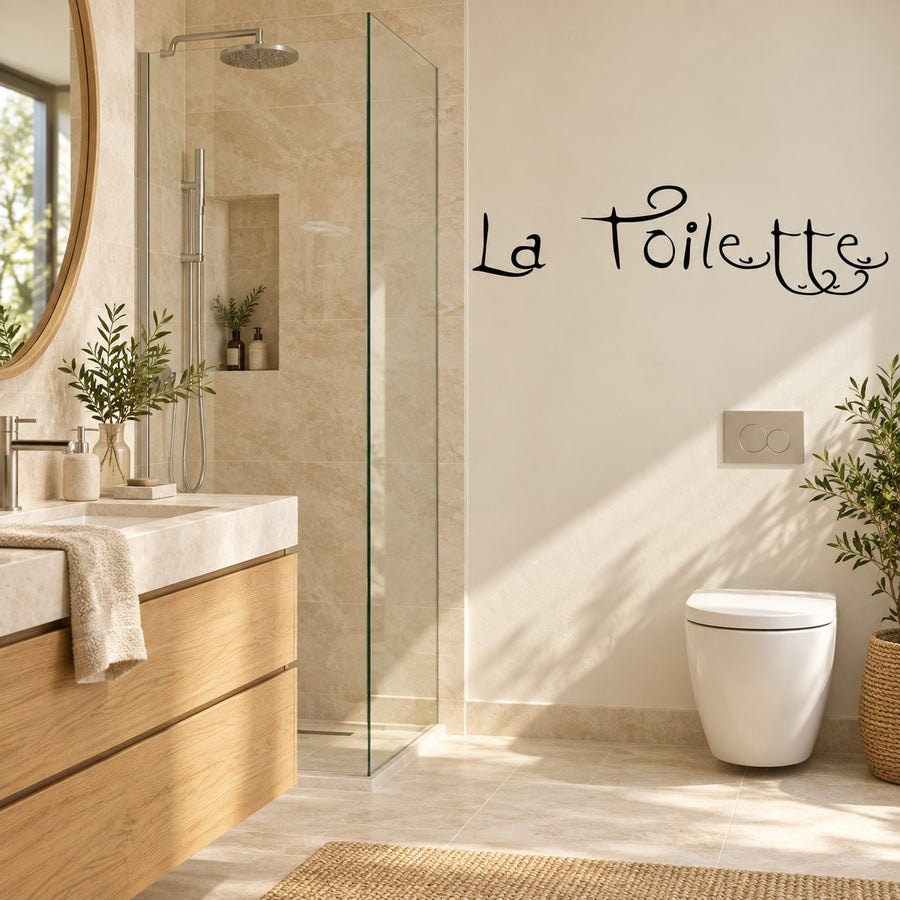Bathroom wall decal with 'La Toilette' script text in black.