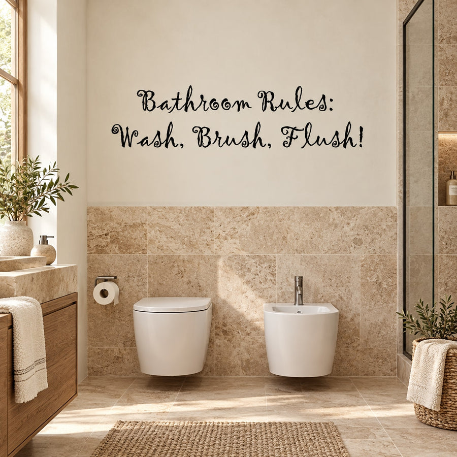 Bathroom wall decal with cursive text: "Bathroom Rules: Wash, Brush, Flush!"