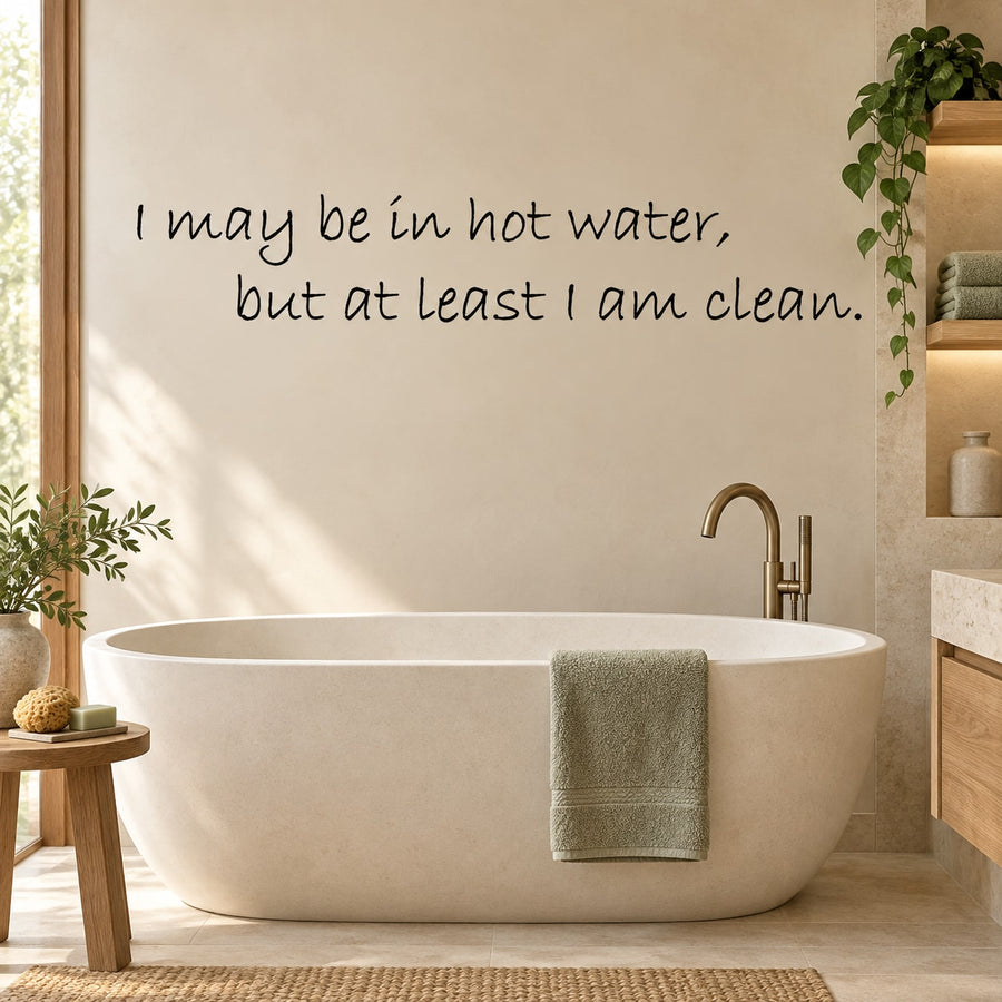 Bathroom wall decal with handwritten text: I may be in hot water, but at least I am clean.