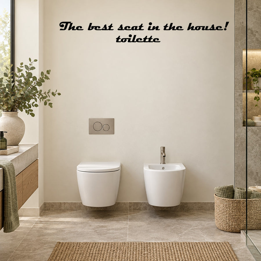 Black wall decal with text: 'The best seat in the house!' and 'toilette'.