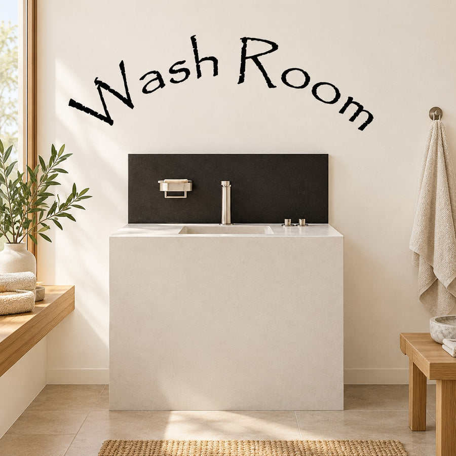 Wash room wall decal with black cursive “Wash Room” lettering