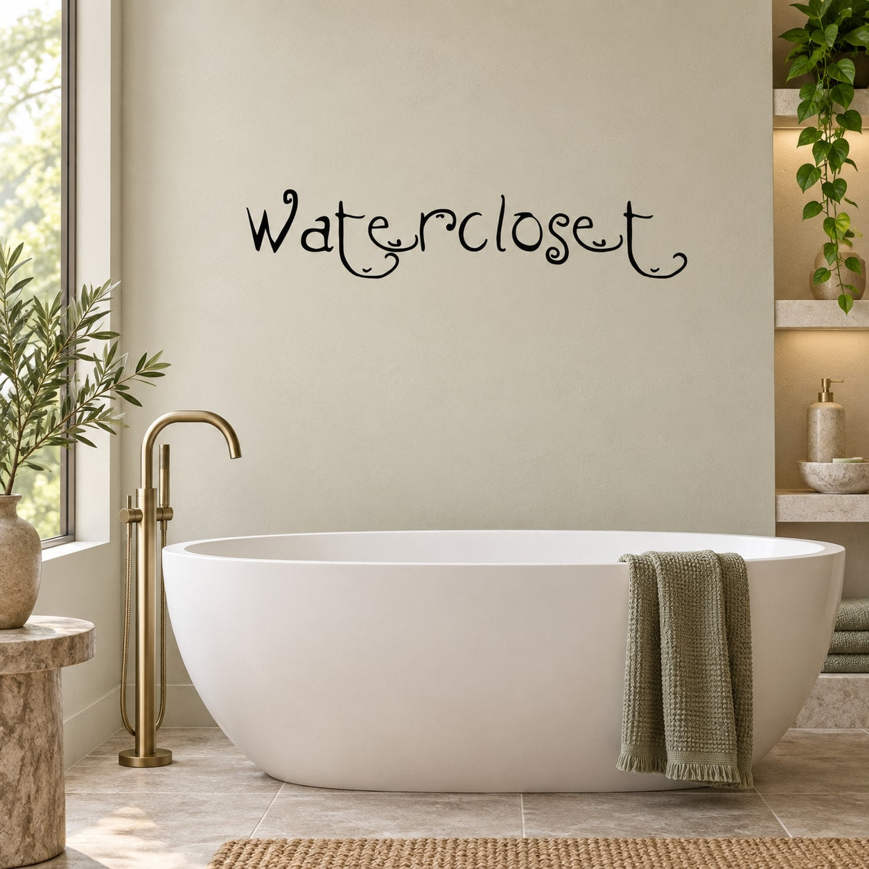 Cursive bathroom wall decal text "Water Closet" above a bathtub