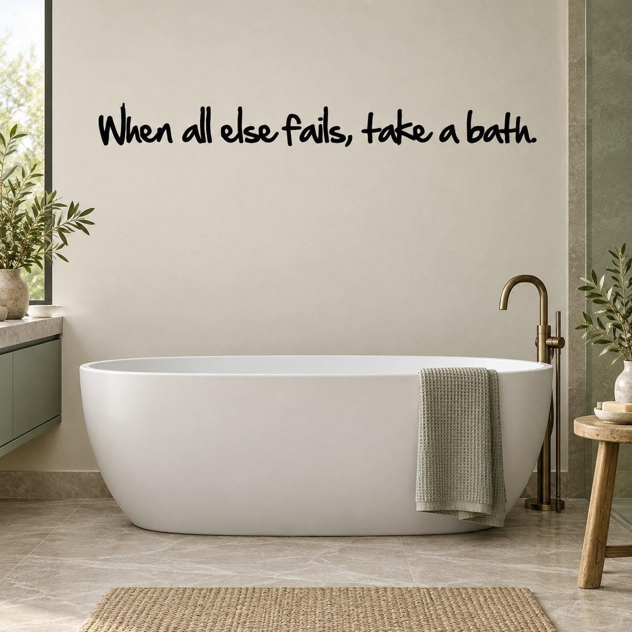 Bath wall decal with quote: "When all else fails, take a bath"