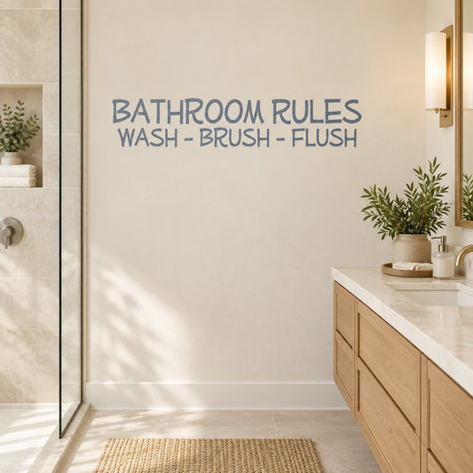 Bathroom rules wall decal with blue quote: Wash–Brush–Flush
