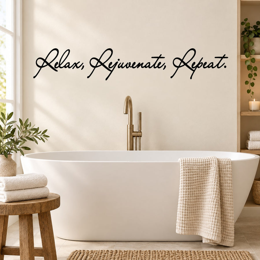 Wall decal with black cursive text: Relax, Rejuvenate, Repeat.