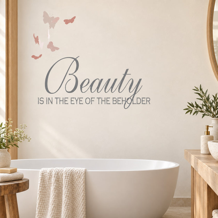 Decorative wall decal with “Beauty” script and butterfly silhouettes