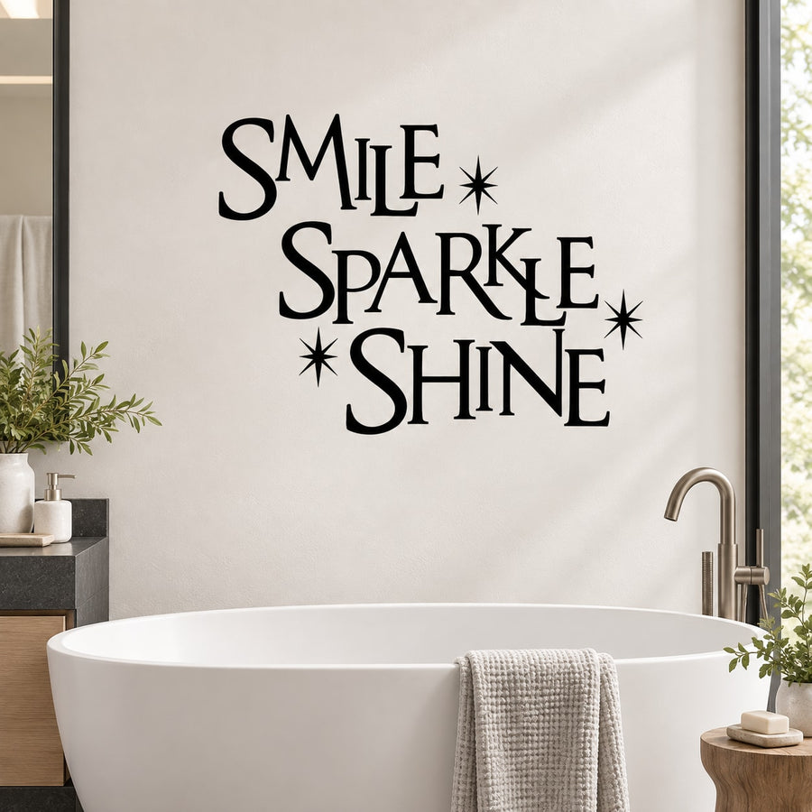 Wall decal with black "Smile Sparkle Shine" lettering and star sparkle accents
