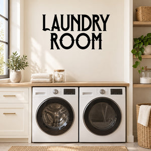 Laundry room wall decal with bold black 'LAUNDRY ROOM' lettering