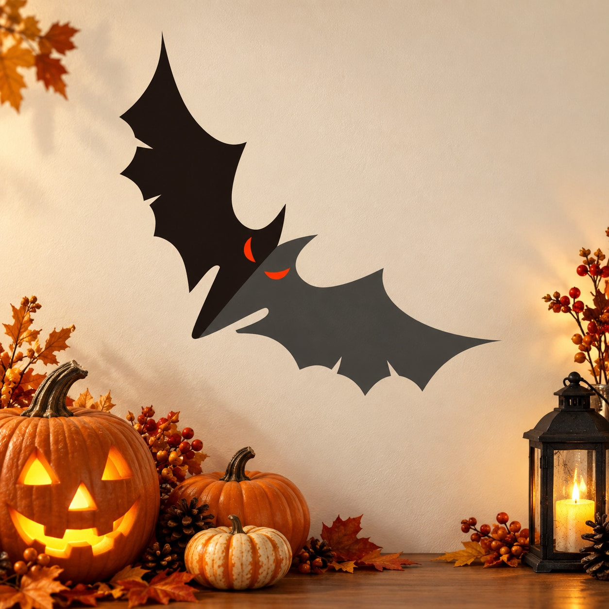 Black bat wall decal vinyl sticker with small orange eyes