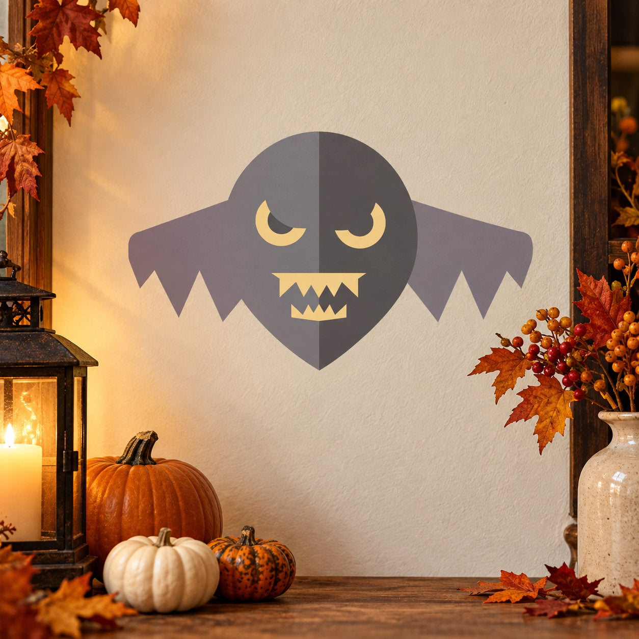 Gray bat wall decal sticker with orange eyes and fanged grin