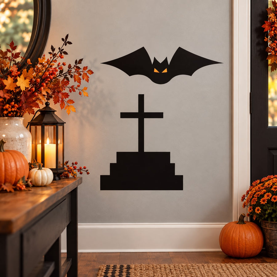 Black bat and gravestone wall decal vinyl sticker with cross and tomb