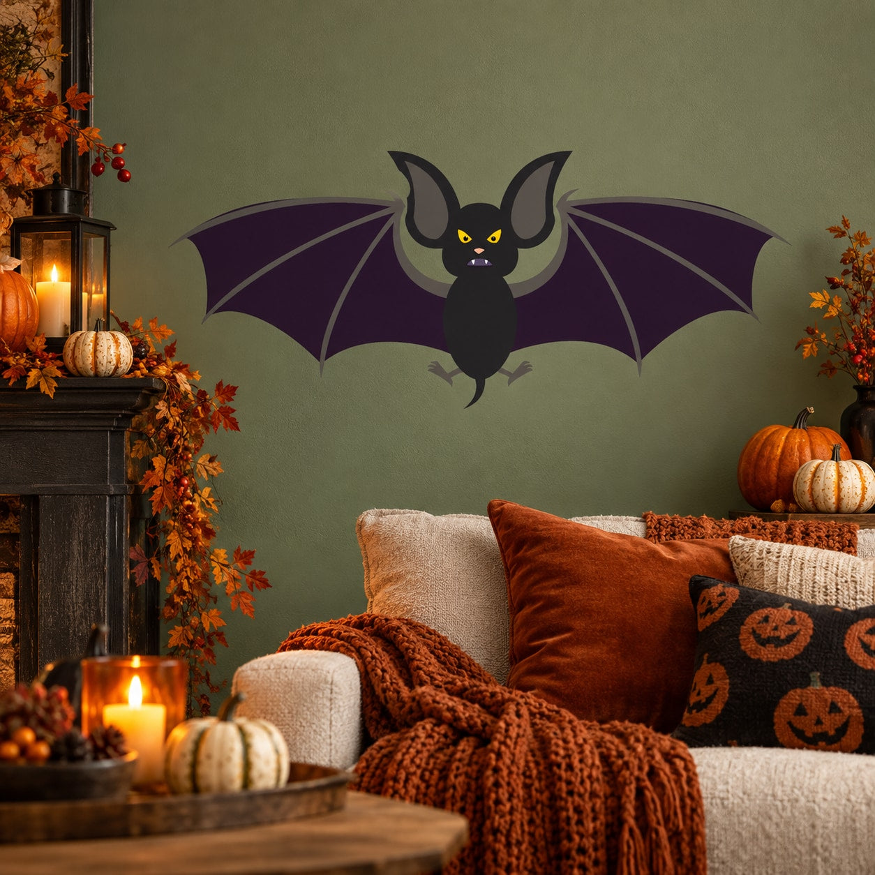 Purple bat vinyl wall decal sticker, wings spread with yellow eyes