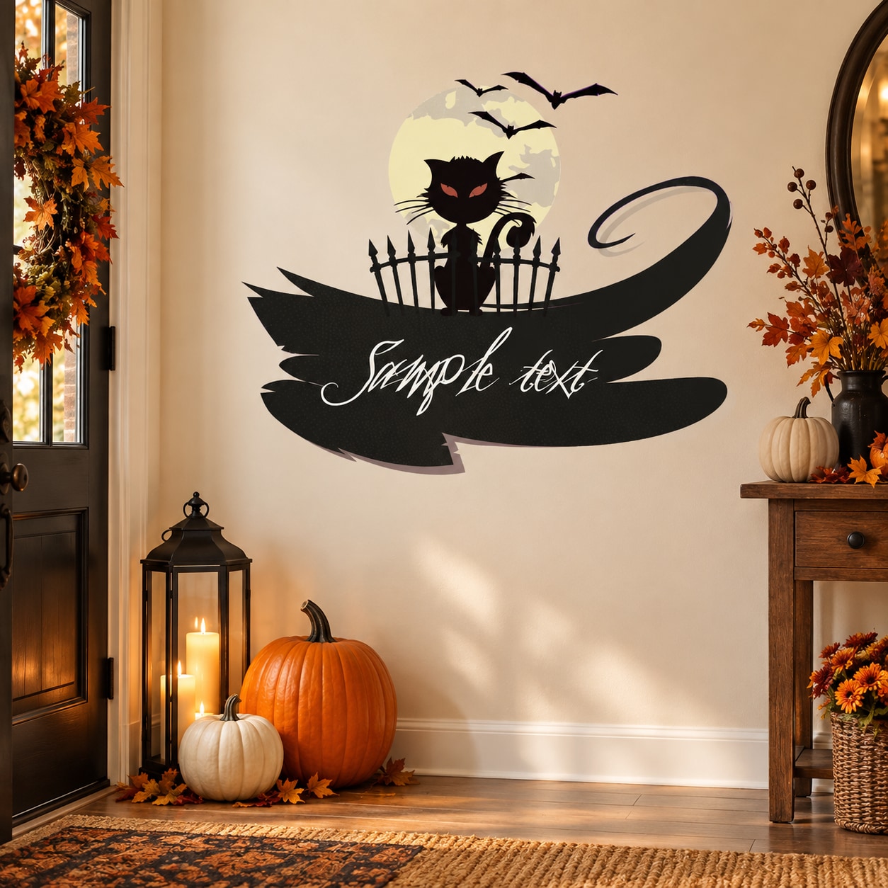 Halloween cat with bats and fence wall decal, black smoke swirl with script text