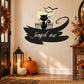 Halloween cat with bats and fence wall decal, black smoke swirl with script text