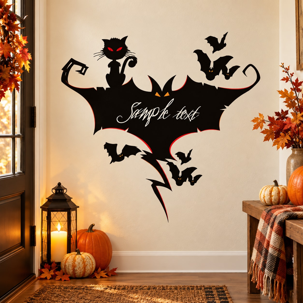Black cat-and-bats vinyl wall decal with red eyes and script text