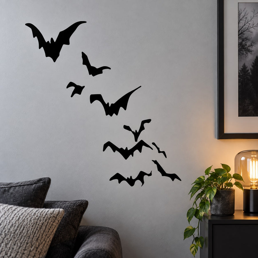 Black flying bat group wall decal with multiple bats in flight
