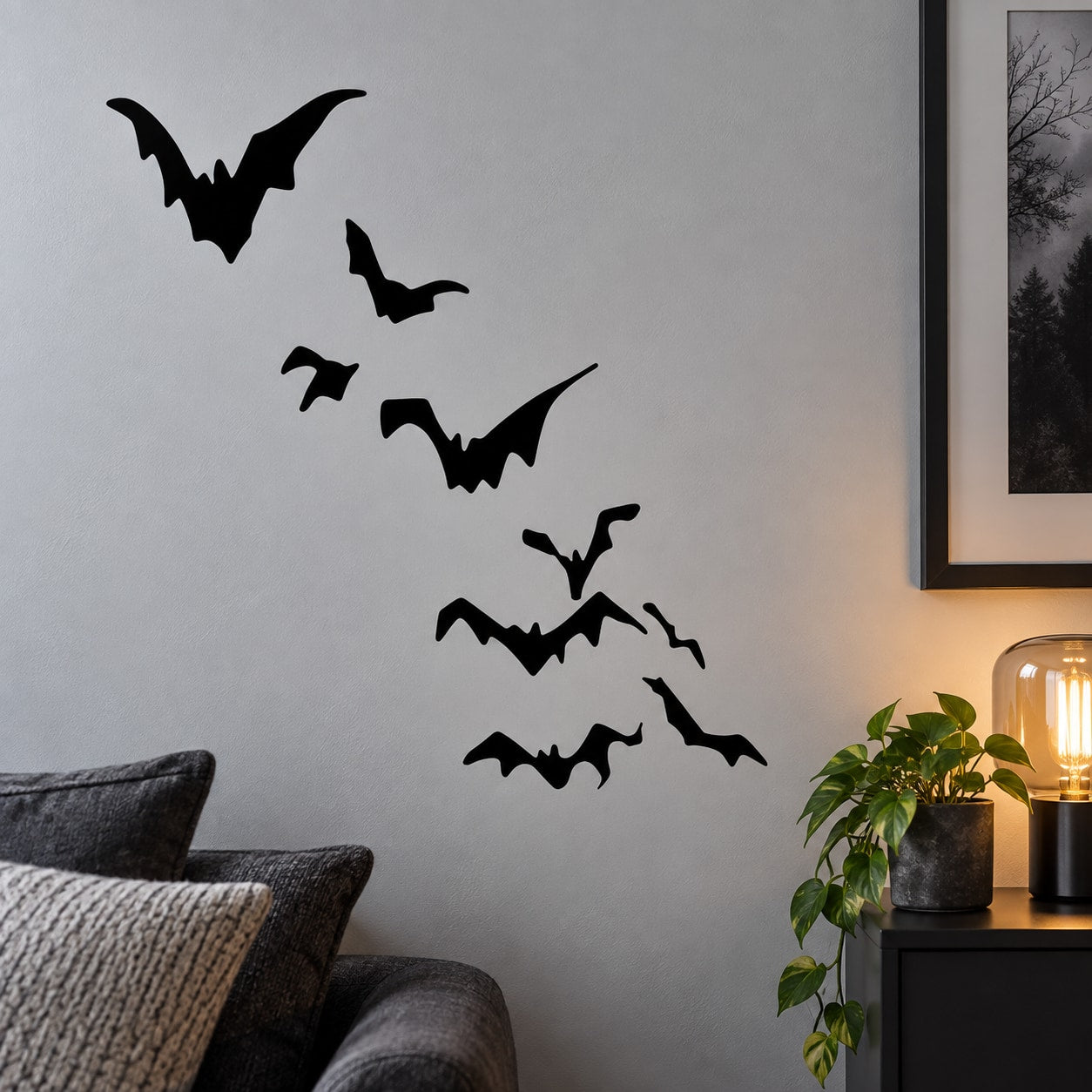 Black flying bat group wall decal with multiple bats in flight